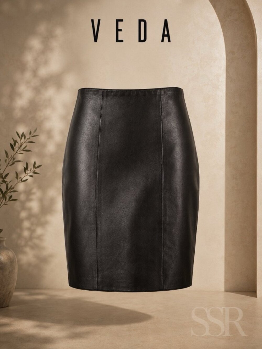 VEDA Black 100% Leather Pencil Skirt Size 18 High Waist Back Zip Minimalist Luxu